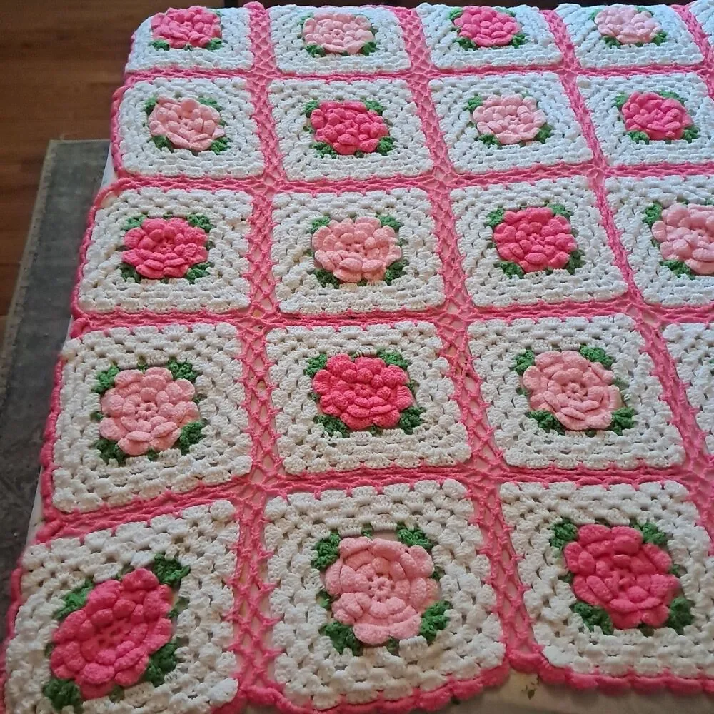 Crochet Granny Square 3D Pink Rose Afghan Throw Girlie Cottage Core
